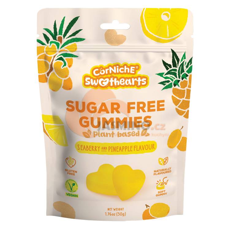 Obrázek k výrobku 7838 - CORNICHE SWEETHEARTS Želatinové bonbóny bez cukru s příchutí rakytníku a ananasu 50g