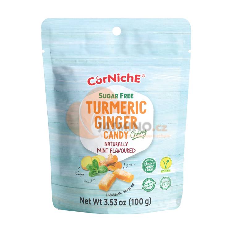 Obrázek k výrobku 7836 - CORNICHE Žvýkací bonbóny s kurkumou a zázvorem s mátovou příchutí 100g