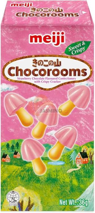 Obrázek k výrobku 7466 - MEIJI Jahodové čokoládové sušenky ve tvaru houby 36g